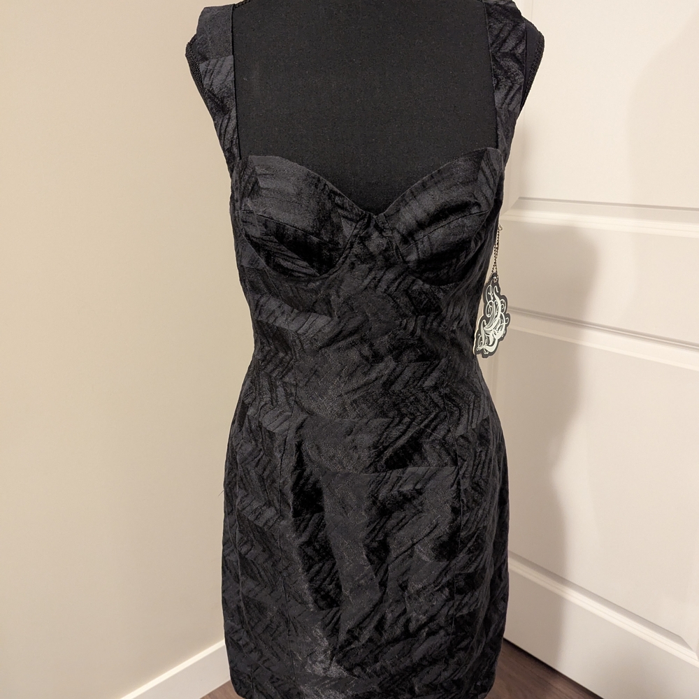 BASCH By Brandon | Black Brocade Print Fitted Bustier Dress, Zipper, Small